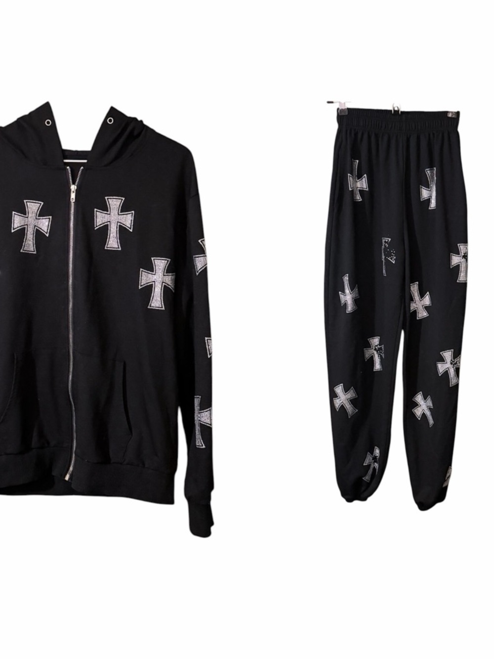 Black Cross‎ Print Jogger Pants & Zip Hoodie Set